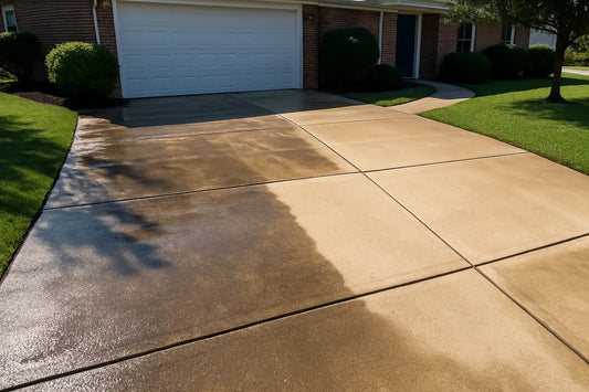 Concrete driveway half cleaned showing before and after
